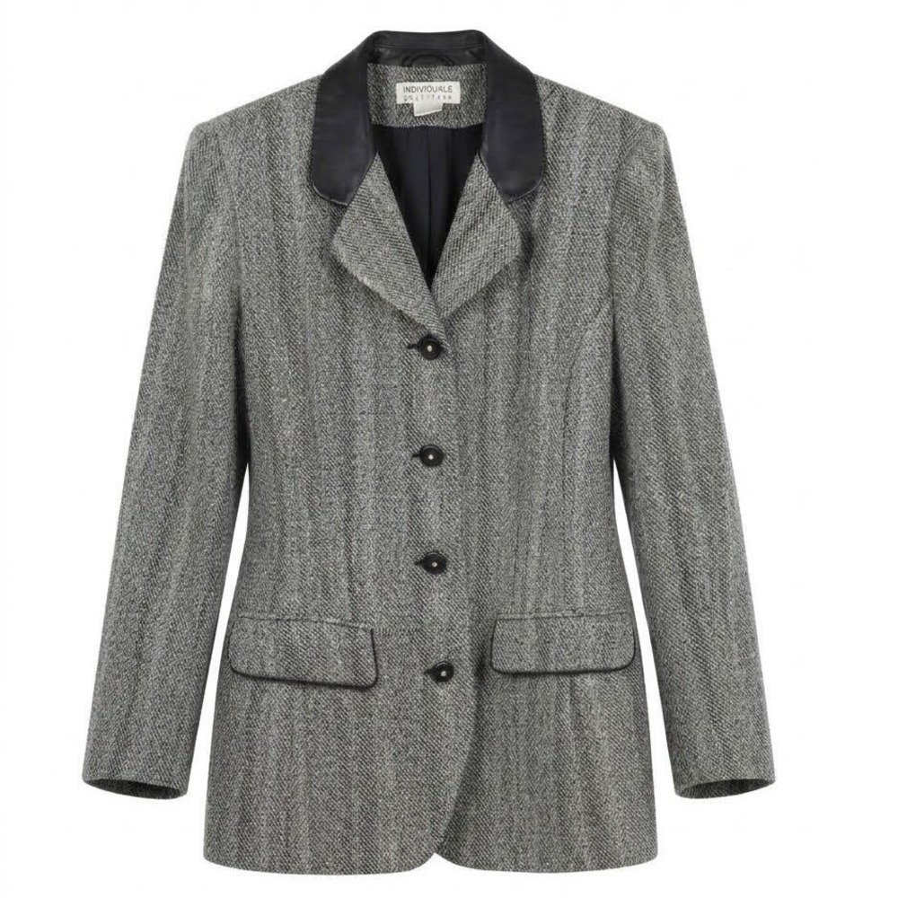 Individual by Framework Vintage Retro Herringbone Blazer Faux Leather Collar 12